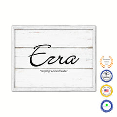 Ezra Name Plate White Wash Wood Frame Canvas Print Boutique Cottage Decor Shabby Chic