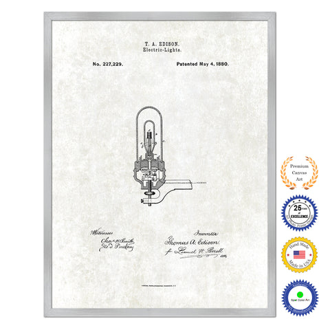 1880 Thomas Edison Electric Lights Antique Patent Artwork Silver Framed Canvas Print Home Office Decor Great for Thomas Edison Lover Electrician Inventor
