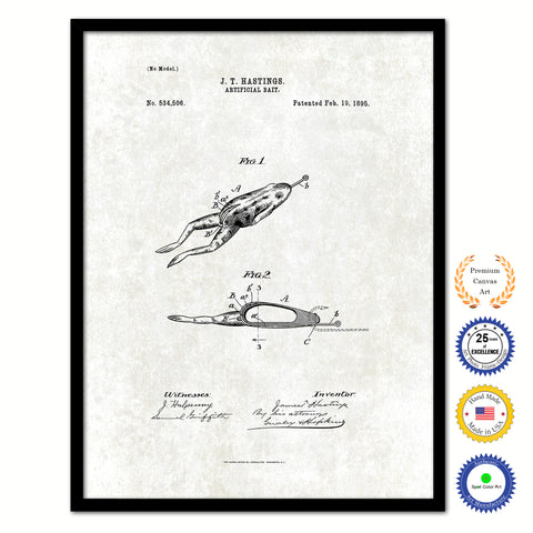 1895 Fishing Artificial Bait Vintage Patent Artwork Black Framed Canvas Print Home Office Decor Great for Fisherman Cabin Lake House