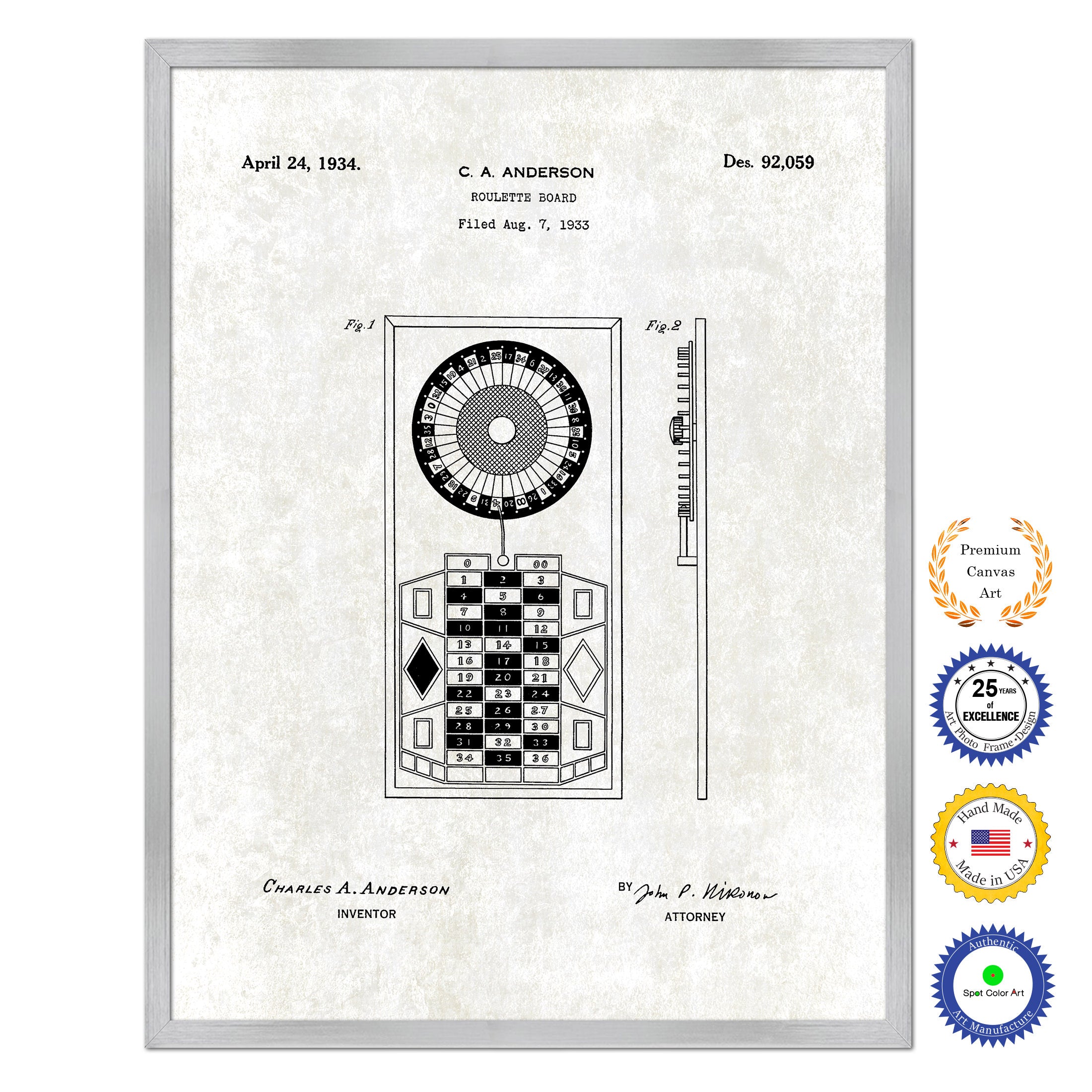 1934 Roulette Wheel Board Old Patent Art Print on Canvas Custom Framed Vintage Home Decor Wall Decoration Great for Gifts