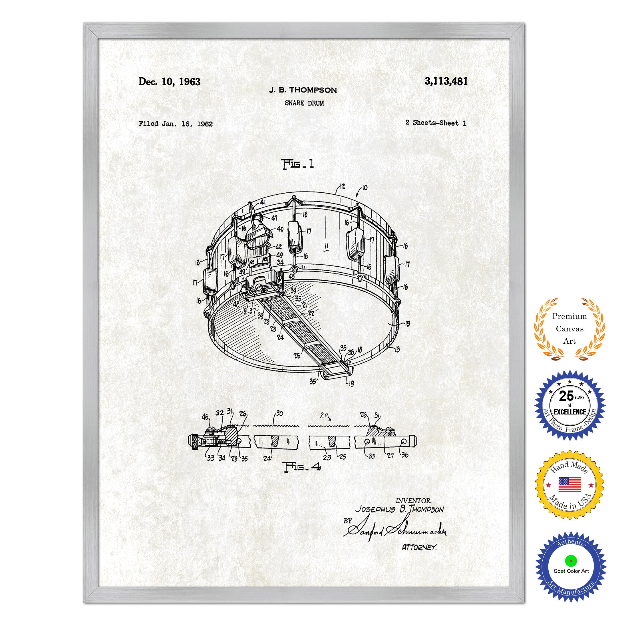 1963 Snare Drum Old Patent Art Print on Canvas Custom Framed Vintage Home Decor Wall Decoration Great for Gifts