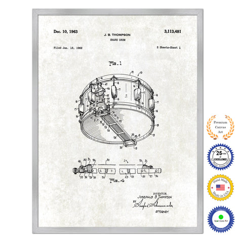 1963 Snare Drum Old Patent Art Print on Canvas Custom Framed Vintage Home Decor Wall Decoration Great for Gifts