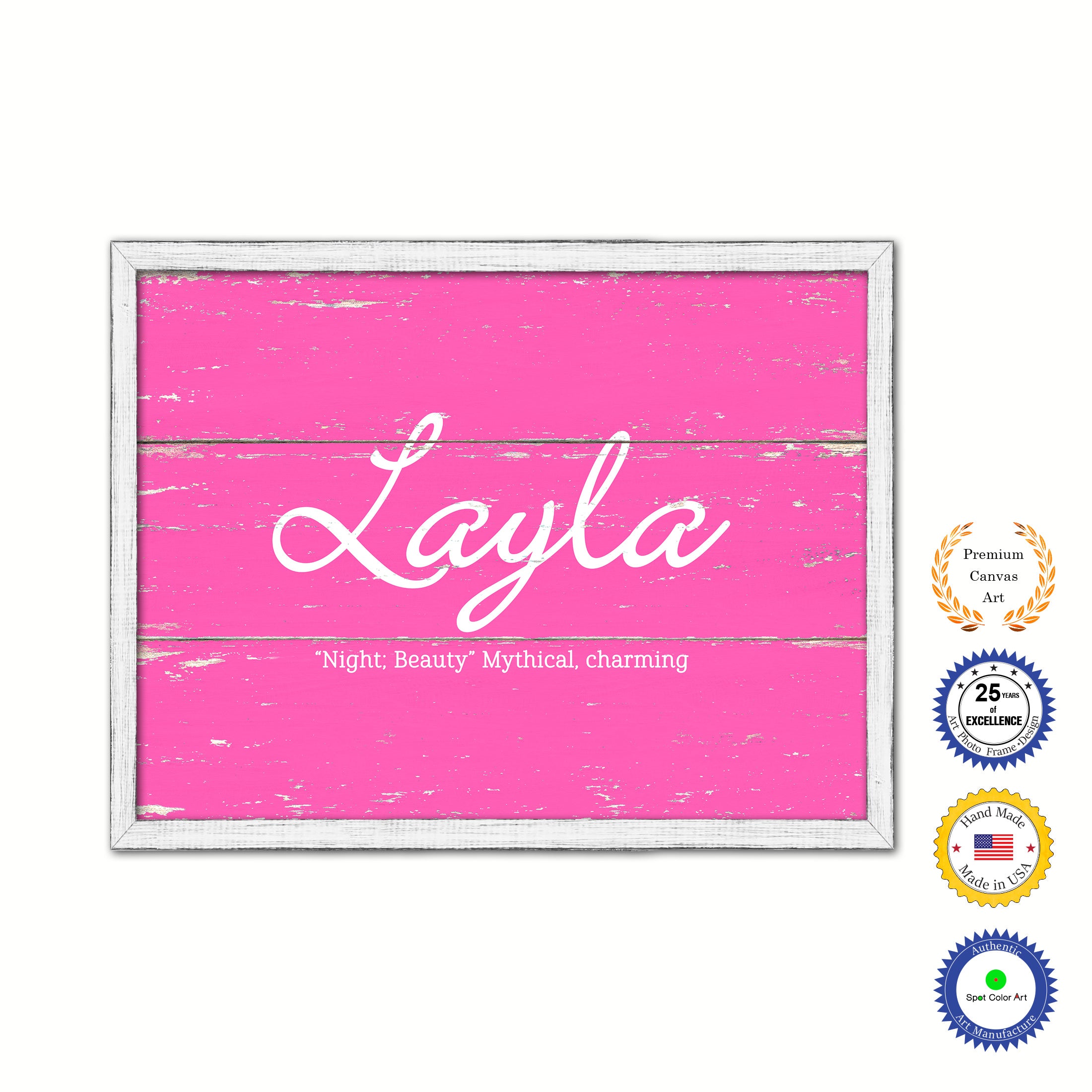 Layla Name Plate White Wash Wood Frame Canvas Print Boutique Cottage Decor Shabby Chic