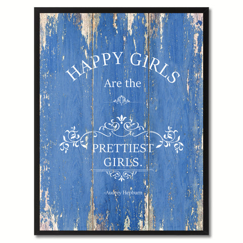 Happy girls are the prettiest girls - Audrey Hepburn Vintage Saying Gifts Home Decor Wall Art Canvas Print with Custom Picture Frame, Blue