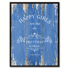 Happy girls are the prettiest girls - Audrey Hepburn Vintage Saying Gifts Home Decor Wall Art Canvas Print with Custom Picture Frame, Blue