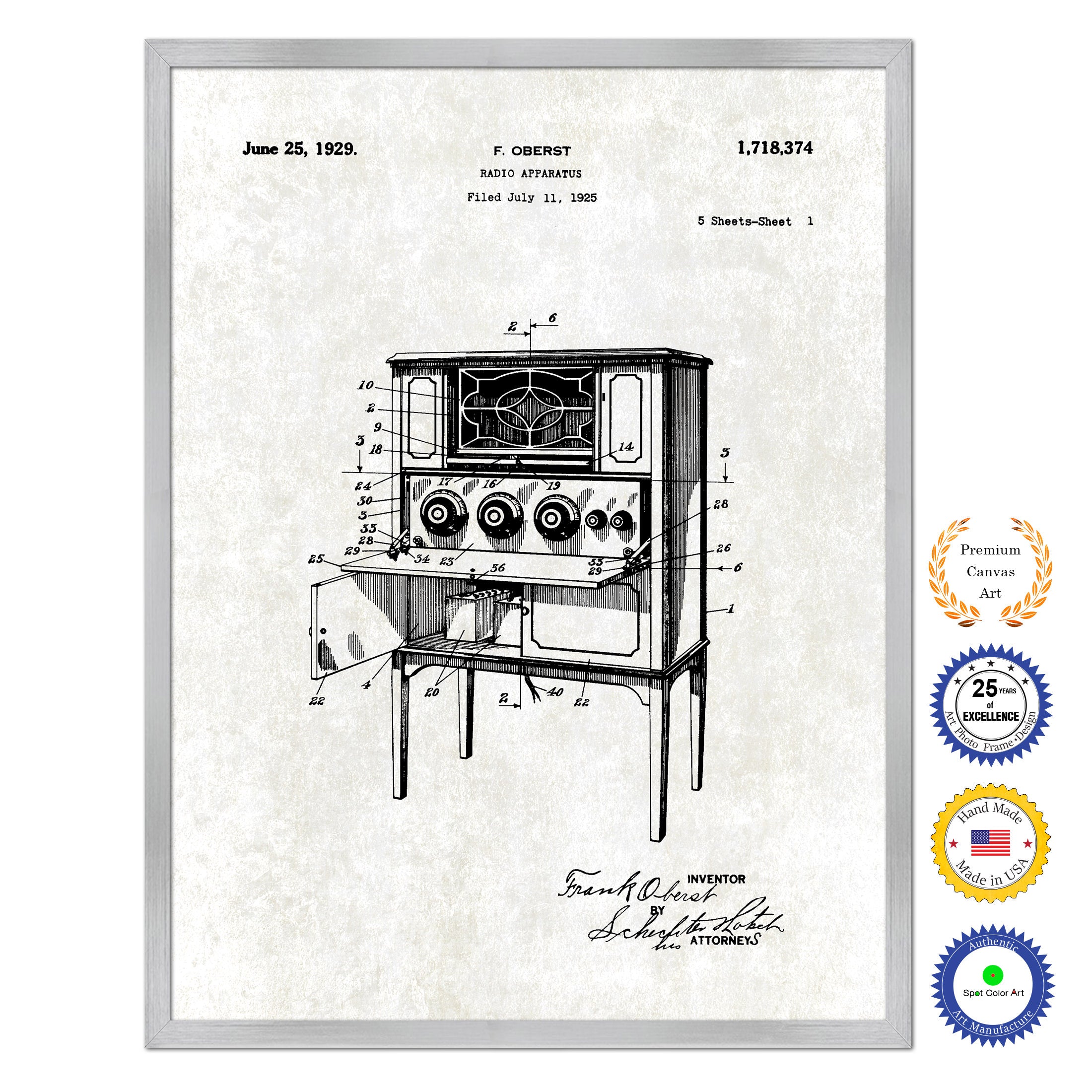 1929 Radio Apparatus Old Patent Art Print on Canvas Custom Framed Vintage Home Decor Wall Decoration Great for Gifts