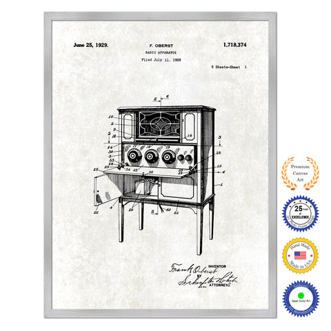 1929 Radio Apparatus Old Patent Art Print on Canvas Custom Framed Vintage Home Decor Wall Decoration Great for Gifts