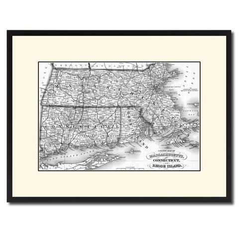 Massachusetts Connecticut Rhode Island Vintage B&W Map Canvas Print, Picture Frame Home Decor Wall Art Gift Ideas