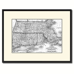 Massachusetts Connecticut Rhode Island Vintage B&W Map Canvas Print, Picture Frame Home Decor Wall Art Gift Ideas