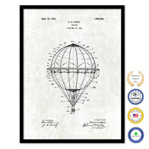 1925 Hot Air Balloon Vintage Patent Artwork Black Framed Canvas Print Home Office Decor Great Gift for Hot Air Balloon Lover