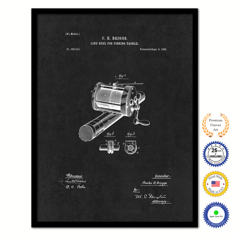 1885 Fishing Line Reel for Fishing Tackle Vintage Patent Artwork Black Framed Canvas Home Office Decor Great for Fisherman Cabin Lake House
