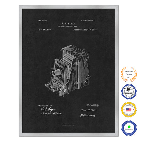 1887 Photographic Camera Antique Patent Artwork Silver Framed Canvas Home Office Decor Great Gift for Photographer
