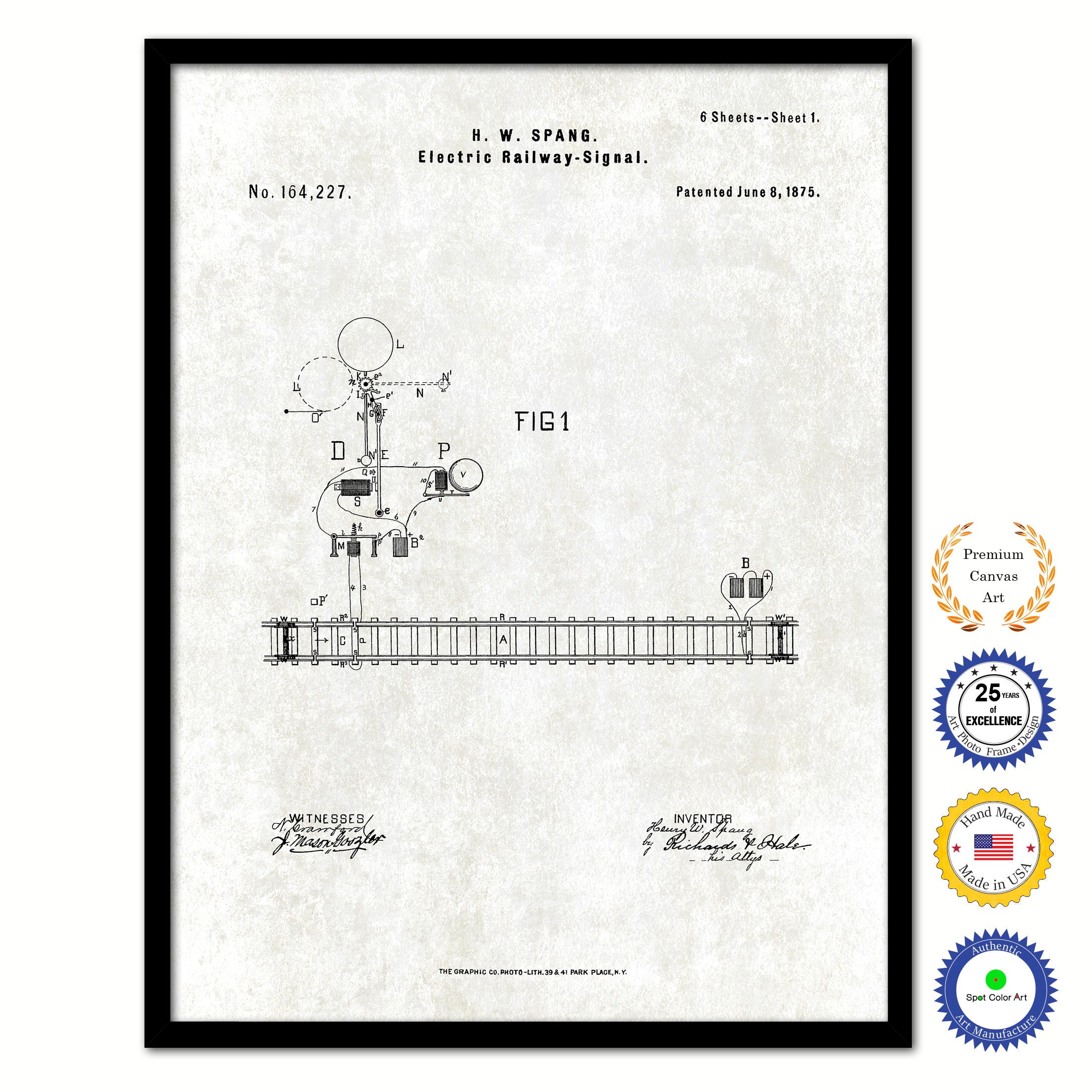 1875 Electric Railway Signal Old Patent Art Print on Canvas Custom Framed Vintage Home Decor Wall Decoration Great for Gifts