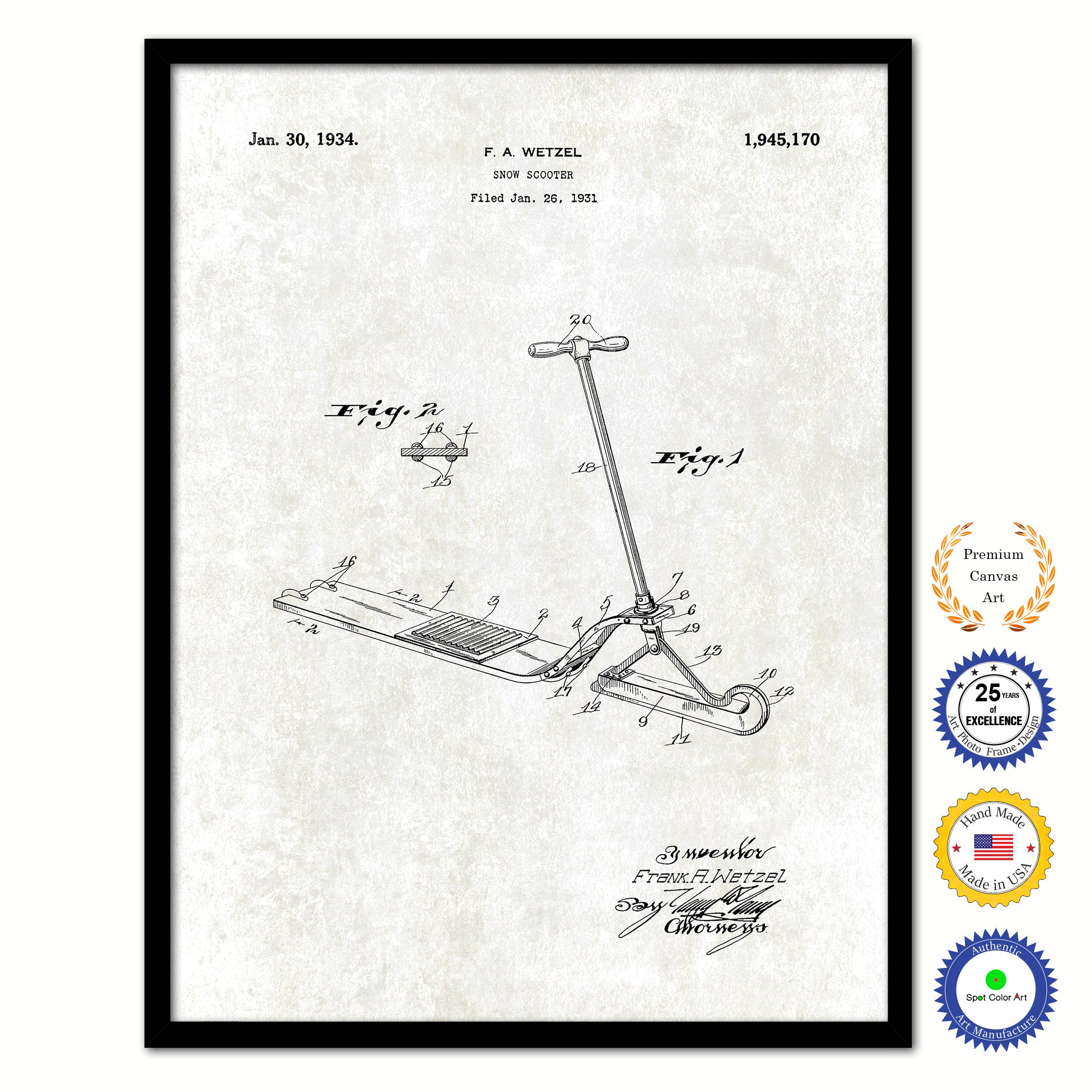 1931 Snow Scooter Old Patent Art Print on Canvas Custom Framed Vintage Home Decor Wall Decoration Great for Gifts