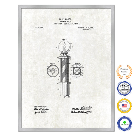 1916 Barber Pole Antique Patent Artwork Silver Framed Canvas Print Home Office Decor Great Gift for Barber Salon Hair Stylist