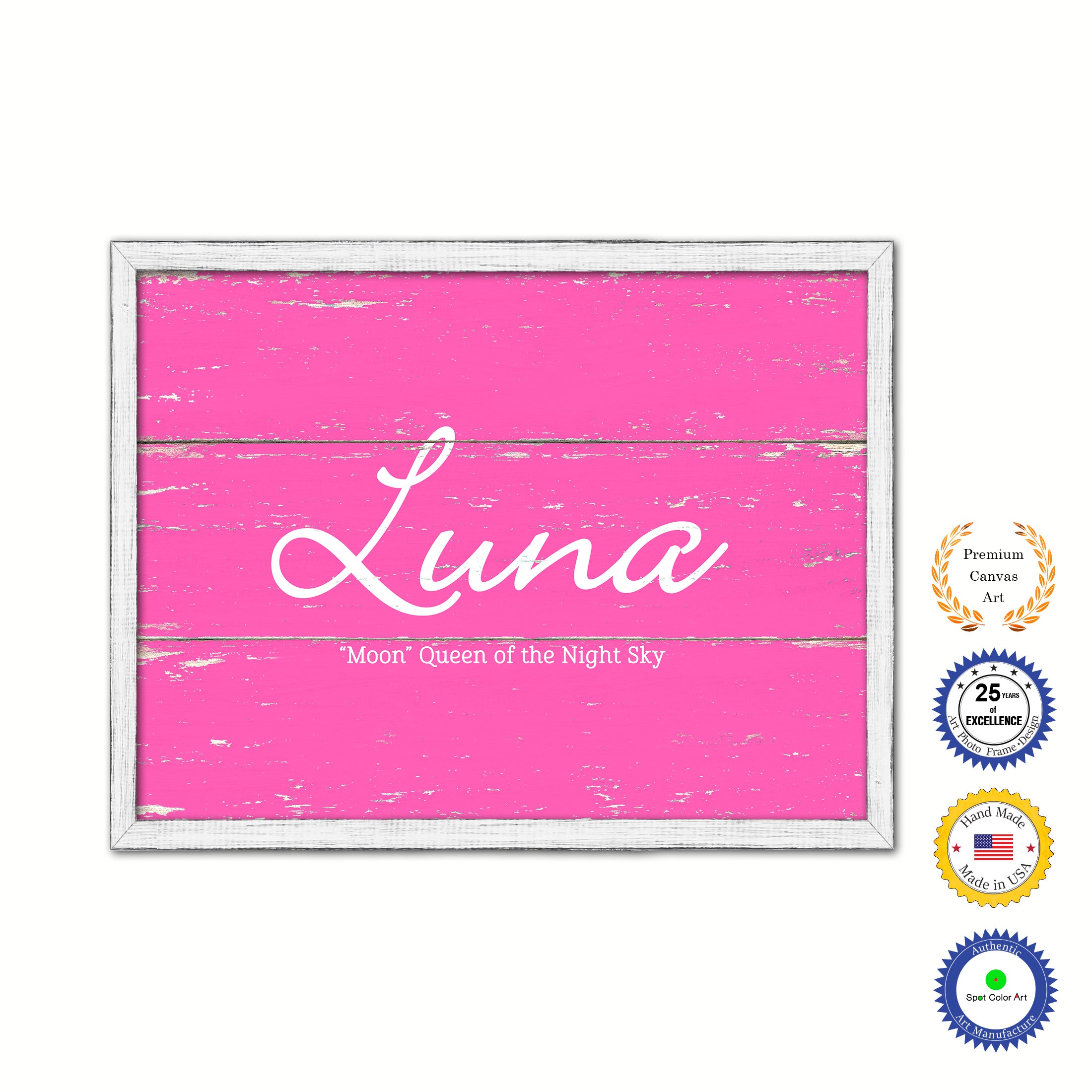 Luna Name Plate White Wash Wood Frame Canvas Print Boutique Cottage Decor Shabby Chic