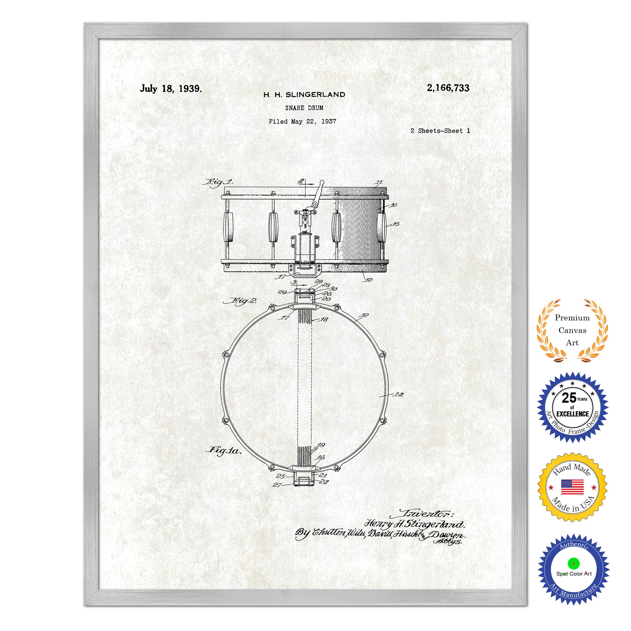 1939 Snare Drum Old Patent Art Print on Canvas Custom Framed Vintage Home Decor Wall Decoration Great for Gifts