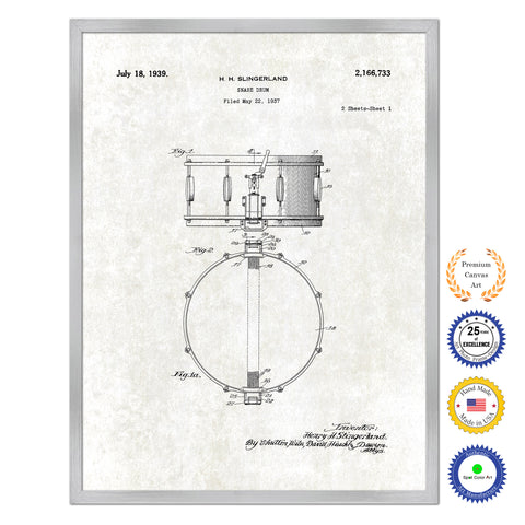 1939 Snare Drum Old Patent Art Print on Canvas Custom Framed Vintage Home Decor Wall Decoration Great for Gifts