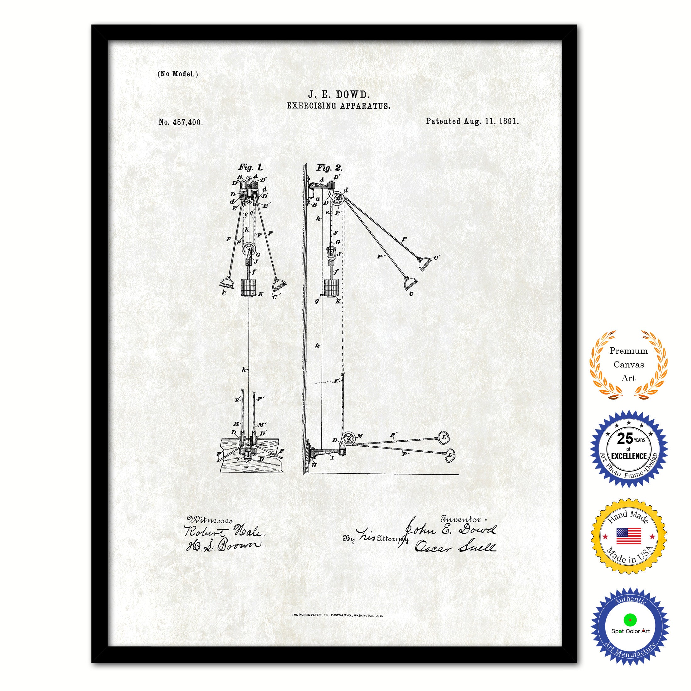 1891 Exercising Apparatus Old Patent Art Print on Canvas Custom Framed Vintage Home Decor Wall Decoration Great for Gifts