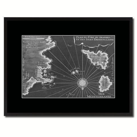Sicily West Aegadian Islands Vintage Monochrome Map Canvas Print, Gifts Picture Frames Home Decor Wall Art