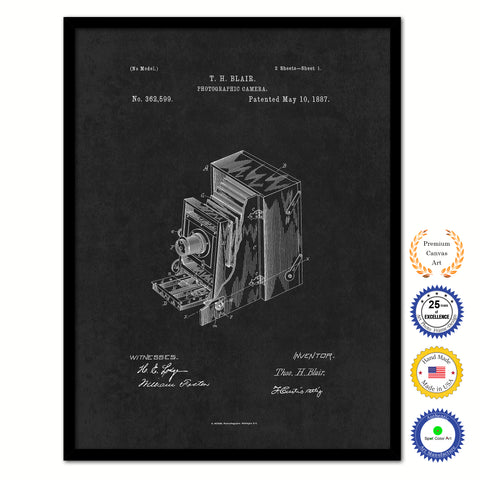 1887 Photographic Camera Vintage Patent Artwork Black Framed Canvas Home Office Decor Great Gift for Photographer