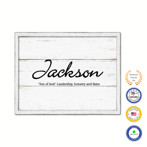 Jackson Name Plate White Wash Wood Frame Canvas Print Boutique Cottage Decor Shabby Chic