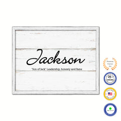 Jackson Name Plate White Wash Wood Frame Canvas Print Boutique Cottage Decor Shabby Chic