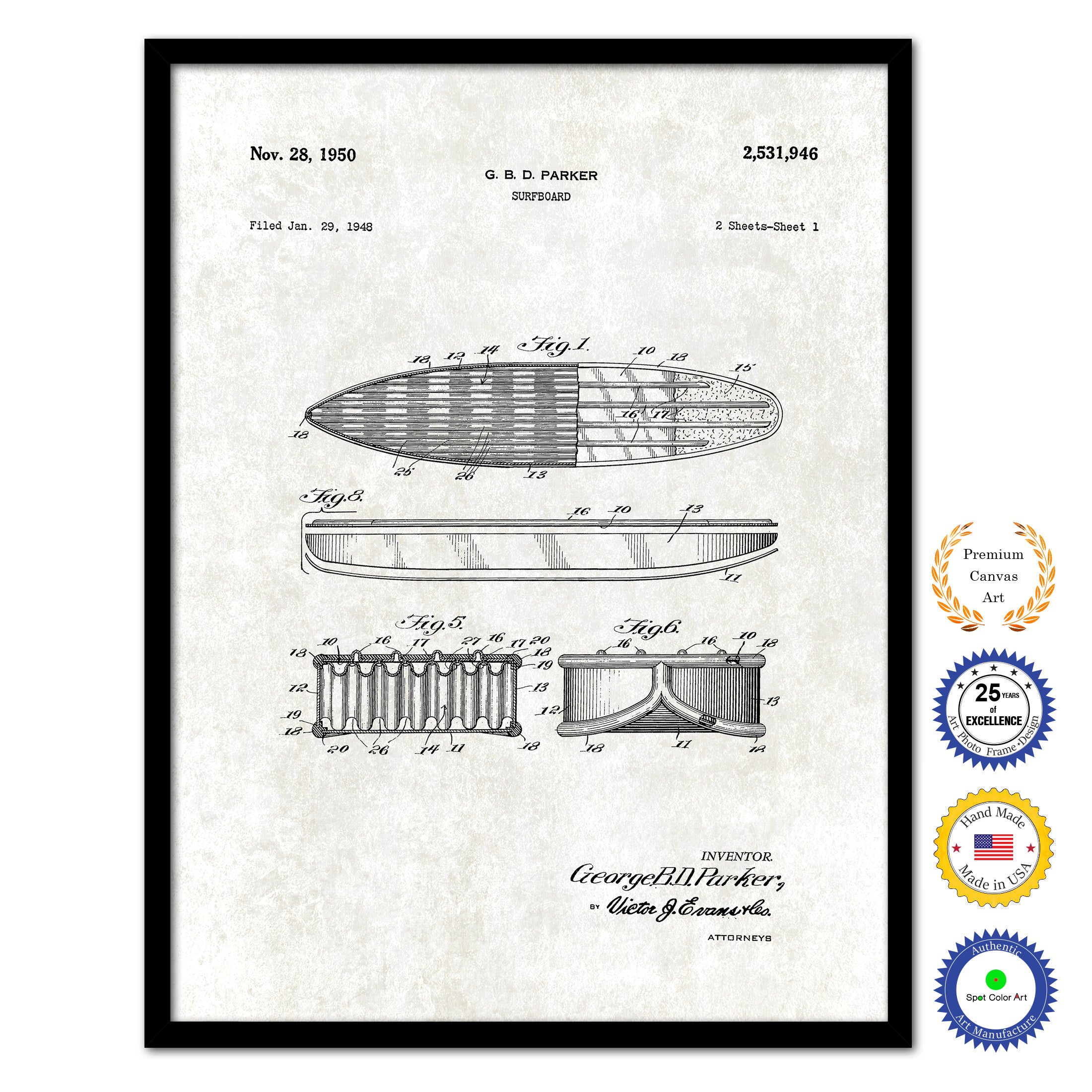 1950 Surfboard Old Patent Art Print on Canvas Custom Framed Vintage Home Decor Wall Decoration Great for Gifts