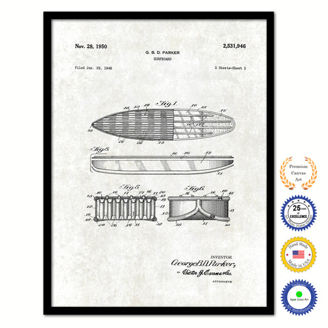 1950 Surfboard Old Patent Art Print on Canvas Custom Framed Vintage Home Decor Wall Decoration Great for Gifts