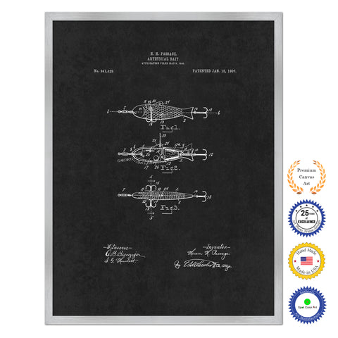 1907 Fishing Artificial Bait Antique Patent Artwork Silver Framed Canvas Home Office Decor Great for Fisherman Cabin Lake House