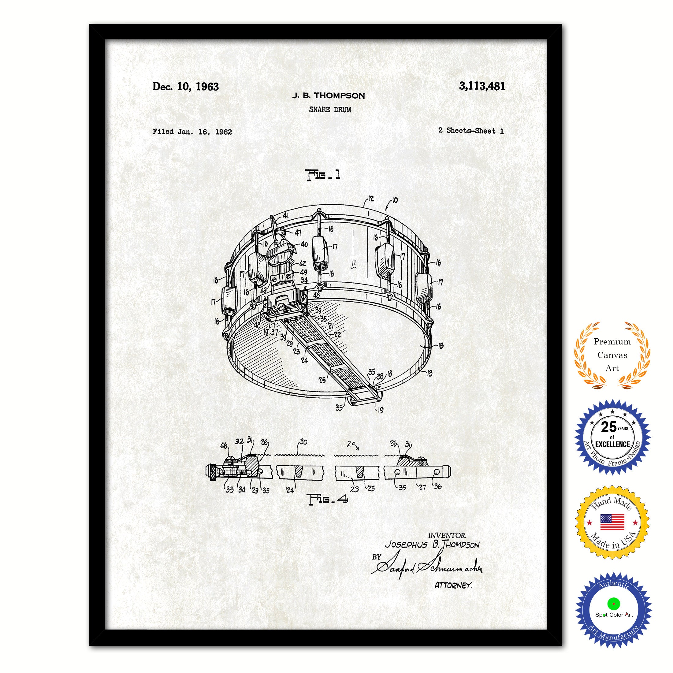 1963 Snare Drum Old Patent Art Print on Canvas Custom Framed Vintage Home Decor Wall Decoration Great for Gifts