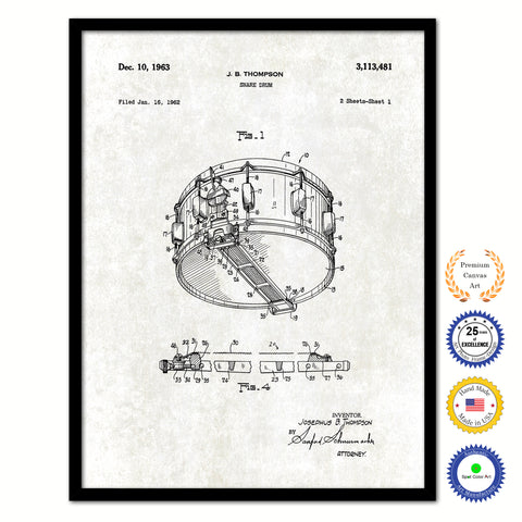 1963 Snare Drum Old Patent Art Print on Canvas Custom Framed Vintage Home Decor Wall Decoration Great for Gifts