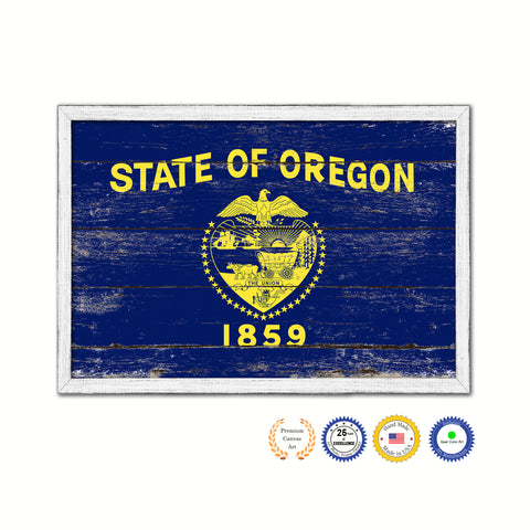 Oregon State Flag Shabby Chic Gifts Home Decor Wall Art Canvas Print, White Wash Wood Frame