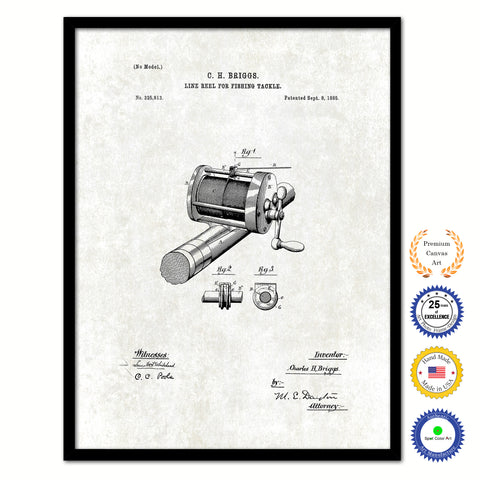 1885 Fishing Line Reel for Fishing Tackle Vintage Patent Artwork Black Framed Canvas Print Home Office Decor Great for Fisherman Cabin Lake House