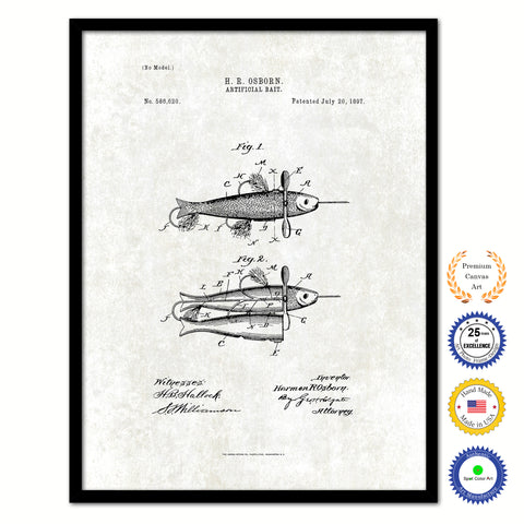 1897 Fishing Artificial Bait Vintage Patent Artwork Black Framed Canvas Print Home Office Decor Great for Fisherman Cabin Lake House