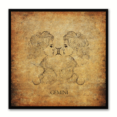 Zodiac Gemini Horoscope Brown Canvas Print, Black Custom Frame