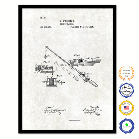 1884 Fishing Tackle Vintage Patent Artwork Black Framed Canvas Print Home Office Decor Great for Fisherman Cabin Lake House