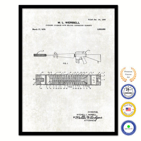 1970 Firearms Silencer for Machine Gun Old Patent Art Print on Canvas Custom Framed Vintage Home Decor Wall Decoration Great for Gifts
