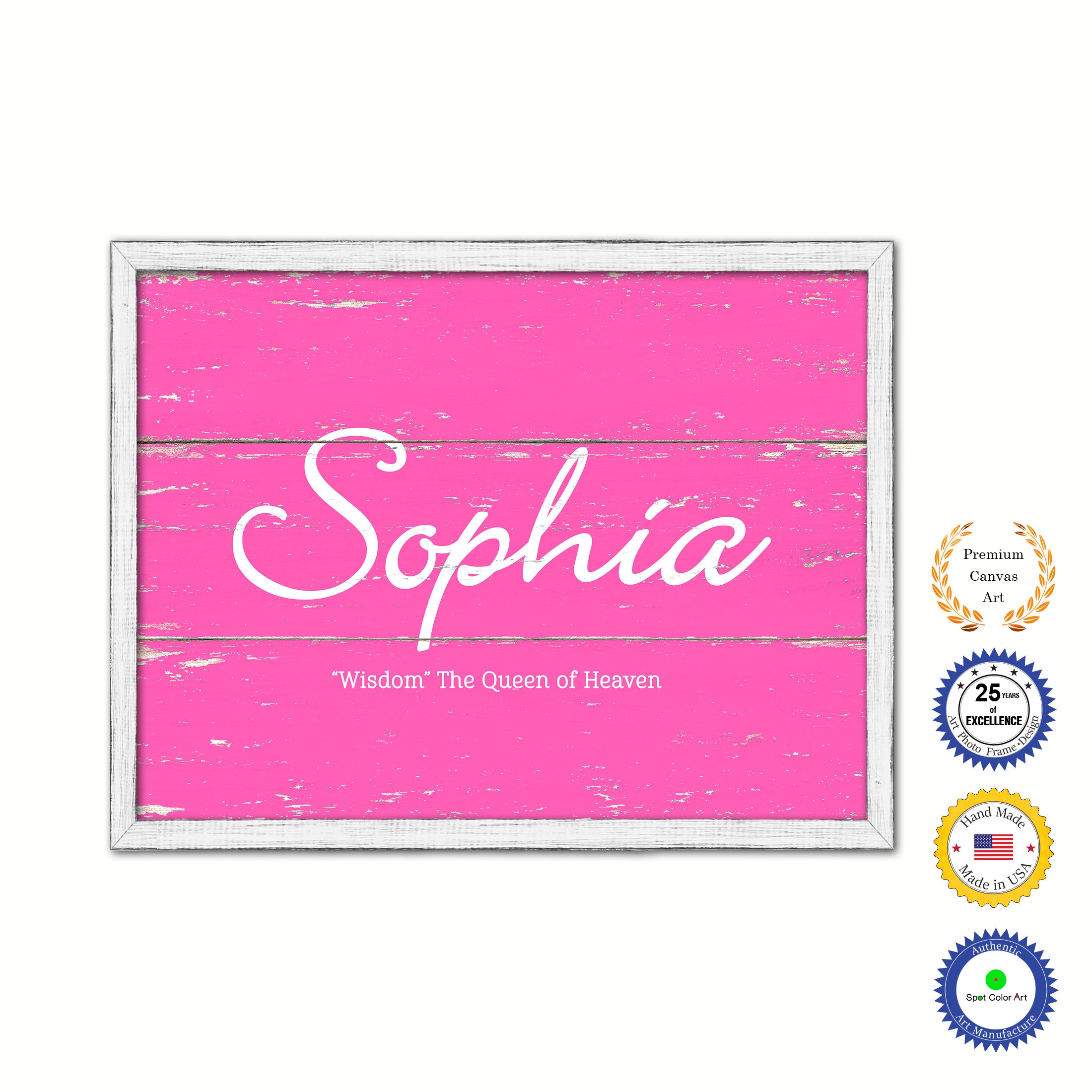 Sophia Name Plate White Wash Wood Frame Canvas Print Boutique Cottage Decor Shabby Chic