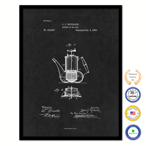 1889 Coffee or Tea Pot Vintage Patent Artwork Black Framed Canvas Home Office Decor Great for Coffee Lover Cafe Tea Shop