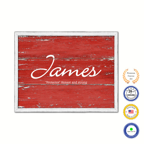James Name Plate White Wash Wood Frame Canvas Print Boutique Cottage Decor Shabby Chic