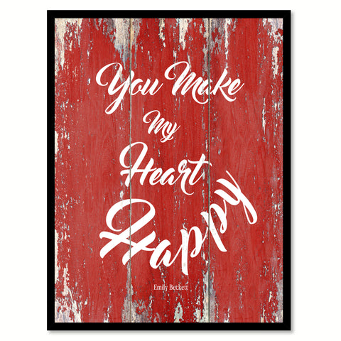 You make my heart happy - Emily Beckett Romantic Quote Saying Canvas Print with Picture Frame Home Decor Wall Art, Red