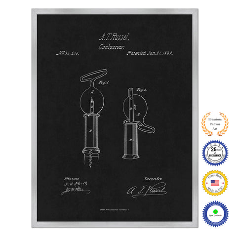 1862 Wine Corkscrew Old Patent Art Print on Canvas Custom Framed Vintage Home Decor Wall Decoration Great for Gifts
