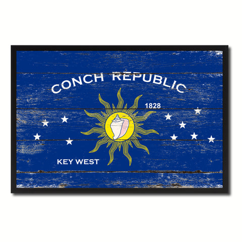 Conch Republic Key West City Florida State Flag Vintage Canvas Print with Black Picture Frame Home Decor Wall Art Collectible Decoration Artwork Gifts