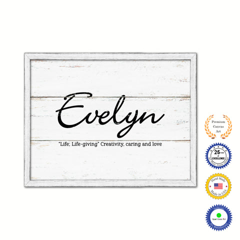 Evelyn Name Plate White Wash Wood Frame Canvas Print Boutique Cottage Decor Shabby Chic