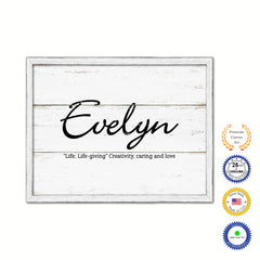 Evelyn Name Plate White Wash Wood Frame Canvas Print Boutique Cottage Decor Shabby Chic