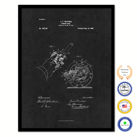 1899 Fishing Reel Vintage Patent Artwork Black Framed Canvas Home Office Decor Great for Fisherman Cabin Lake House