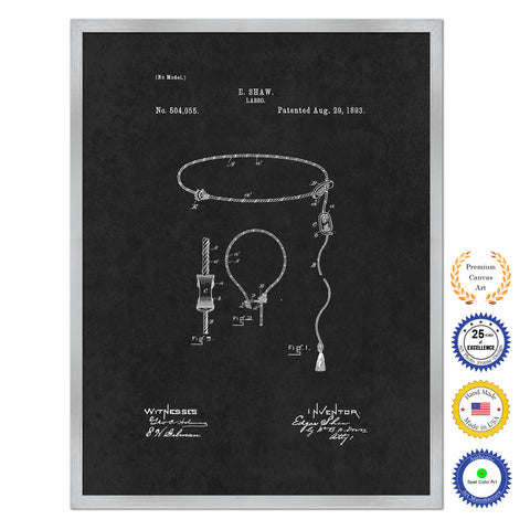 1893 Cowboy Lasso Antique Patent Artwork Silver Framed Canvas Home Office Decor Great for Cowboy Cowgirl Horseback Rider