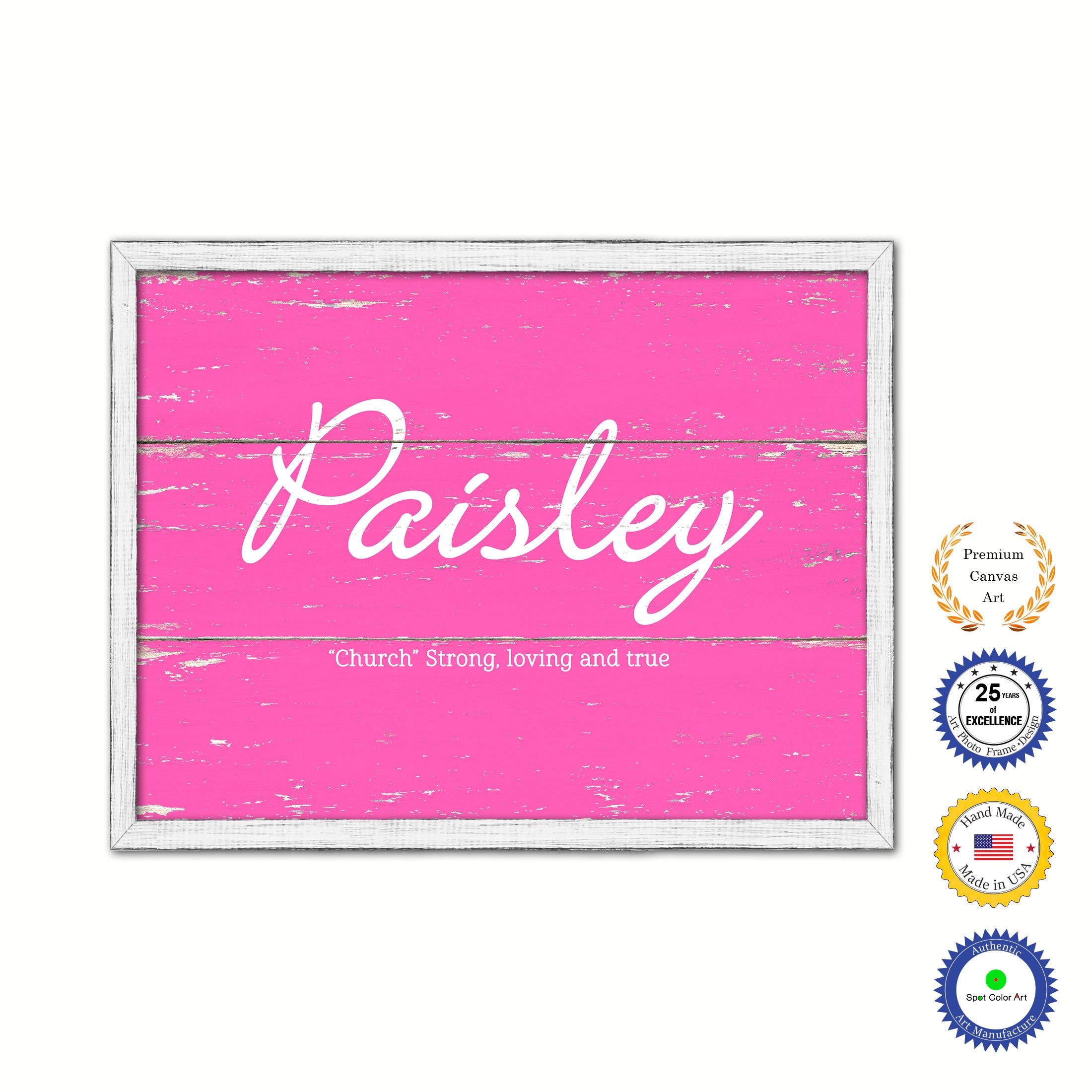 Paisley Name Plate White Wash Wood Frame Canvas Print Boutique Cottage Decor Shabby Chic