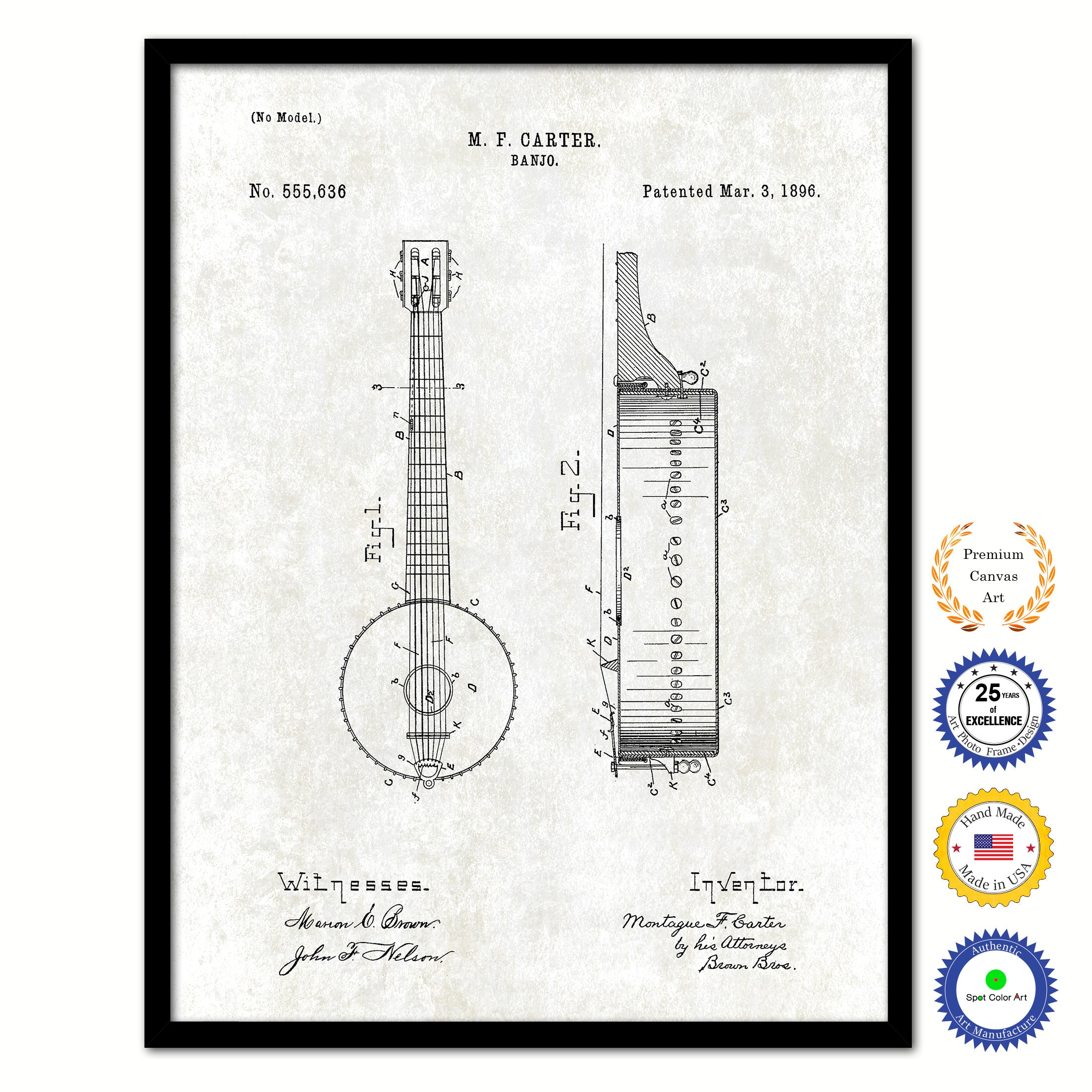 1896 Banjo Old Patent Art Print on Canvas Custom Framed Vintage Home Decor Wall Decoration Great for Gifts